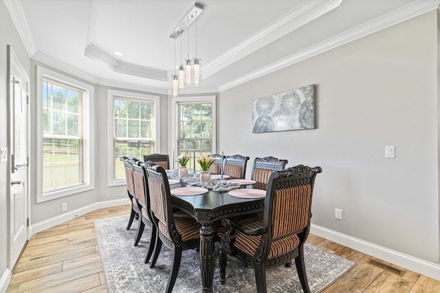 dining area with plenty of natural light, a tray ceiling, and light hardwood / wood-style flooring