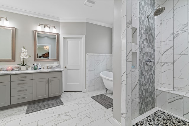 bathroom featuring separate shower and tub, crown molding, vanity, and tile walls