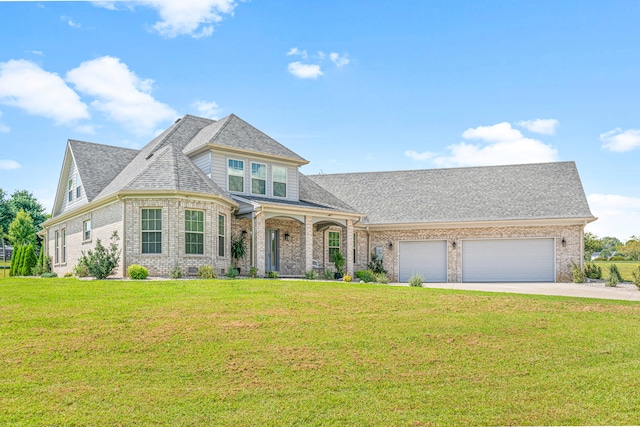 view of front of property with a front yard and a garage