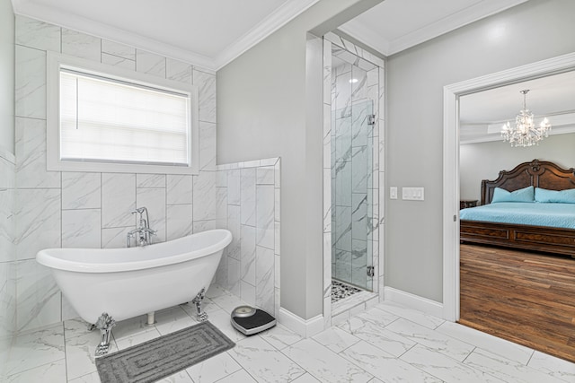 bathroom with separate shower and tub, hardwood / wood-style floors, tile walls, and ornamental molding