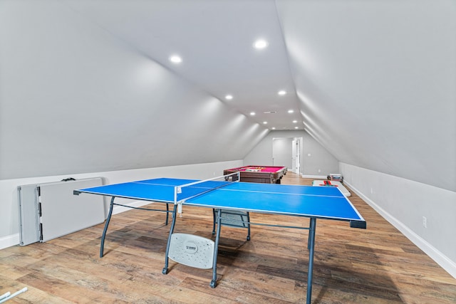 rec room with hardwood / wood-style flooring and lofted ceiling