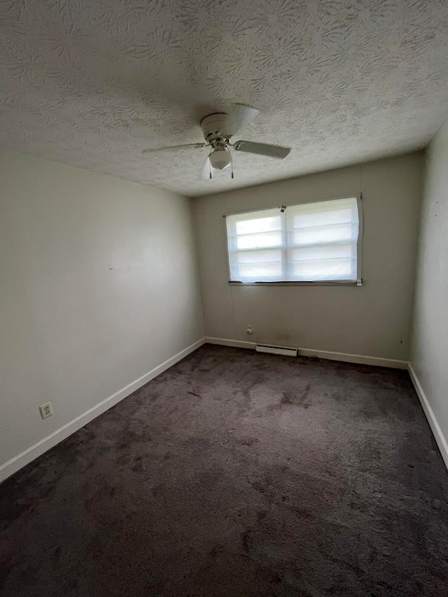 carpeted empty room featuring a textured ceiling, a baseboard radiator, and ceiling fan