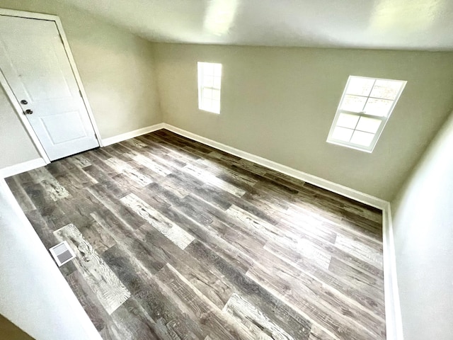 empty room featuring a healthy amount of sunlight, lofted ceiling, and dark wood-type flooring