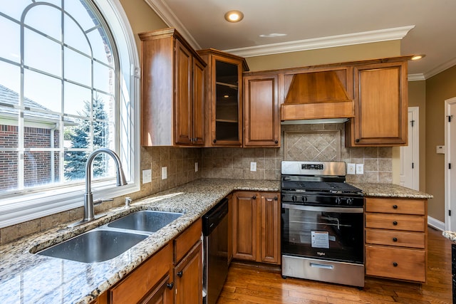 kitchen with ornamental molding, custom exhaust hood, stainless steel appliances, sink, and hardwood / wood-style floors