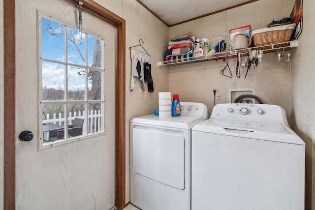 clothes washing area with washer and clothes dryer and ornamental molding