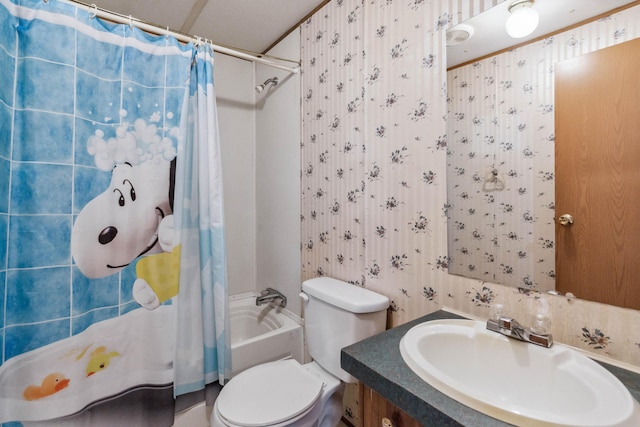 full bathroom with toilet, vanity, and shower / bathtub combination with curtain