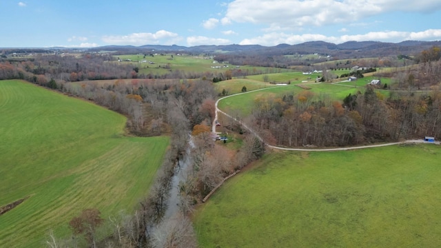 aerial view featuring a mountain view and a rural view