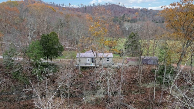 bird's eye view featuring a mountain view and a view of trees