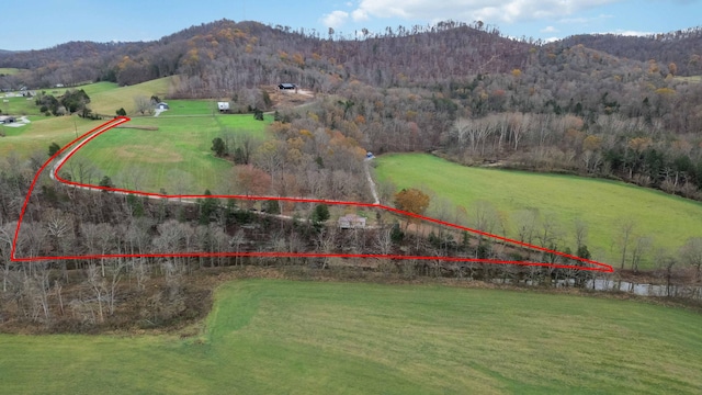 birds eye view of property featuring a mountain view and a rural view