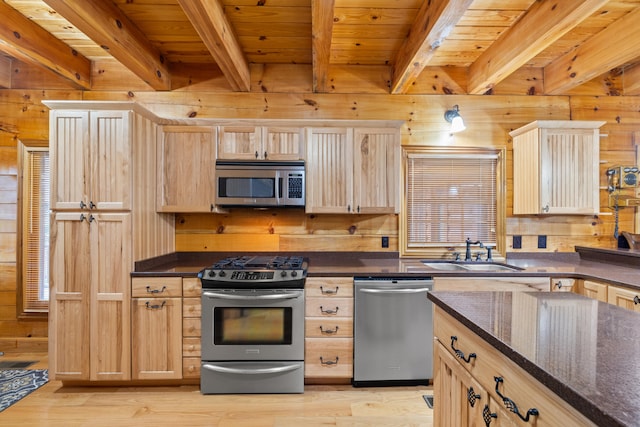 kitchen featuring beamed ceiling, appliances with stainless steel finishes, wooden walls, and wood ceiling