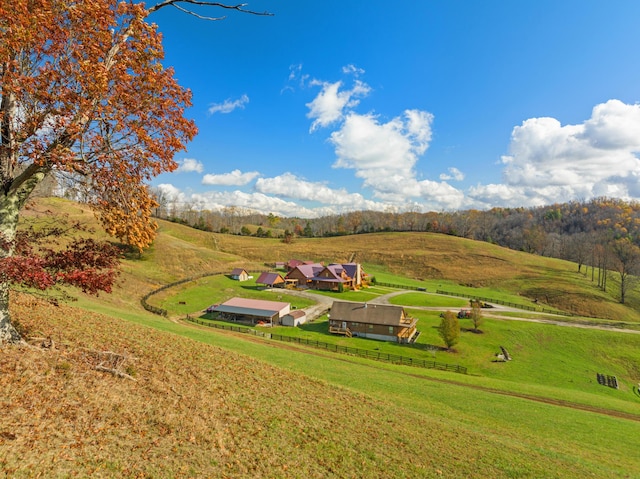 birds eye view of property featuring a rural view