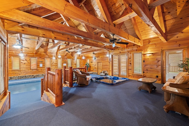 interior space featuring carpet flooring, a pool with hot tub, vaulted ceiling with beams, wooden walls, and wood ceiling