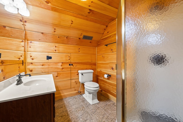 bathroom with wood walls, vanity, an enclosed shower, and lofted ceiling