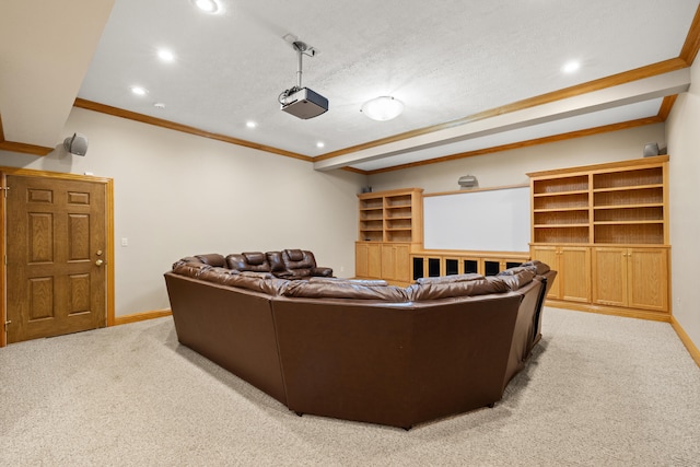 cinema with light colored carpet, a textured ceiling, and ornamental molding