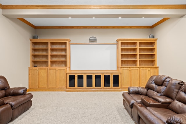 carpeted living room featuring crown molding and beamed ceiling