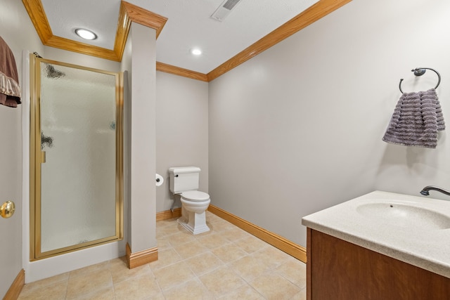 bathroom featuring walk in shower, ornamental molding, vanity, tile patterned flooring, and toilet