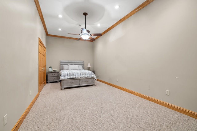 bedroom featuring light colored carpet, ceiling fan, and ornamental molding