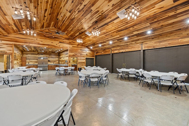 dining space with concrete flooring, lofted ceiling, and wood ceiling