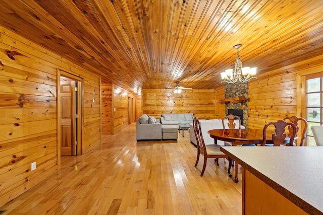 dining room featuring wooden walls, wood ceiling, and light wood-type flooring