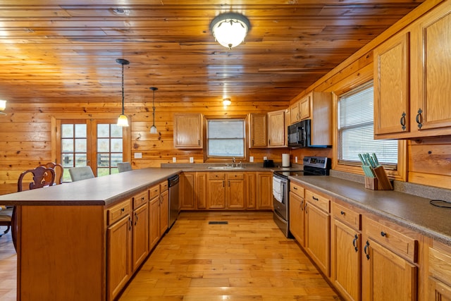 kitchen featuring wooden ceiling, light hardwood / wood-style flooring, pendant lighting, wooden walls, and appliances with stainless steel finishes