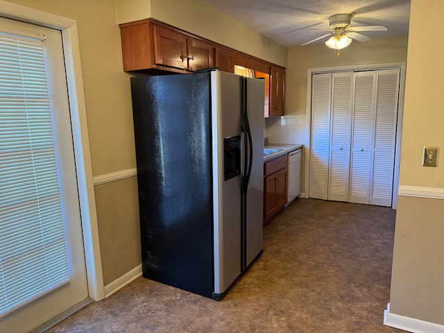 kitchen with backsplash, ceiling fan, carpet flooring, and stainless steel refrigerator with ice dispenser