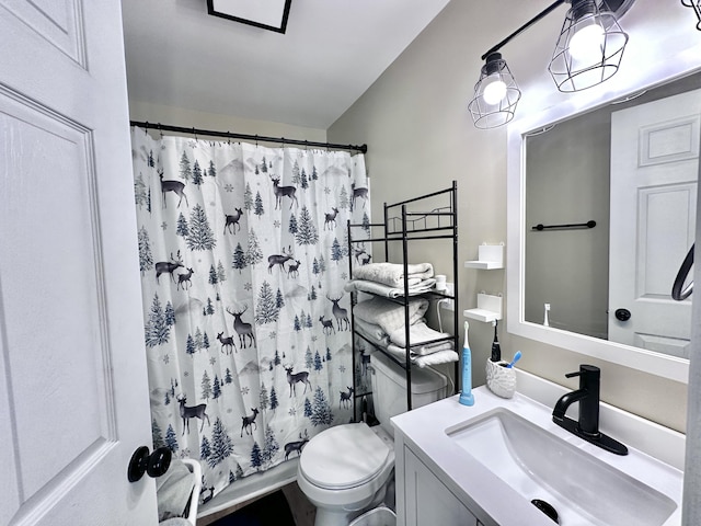 full bathroom featuring vanity, toilet, and shower / bathtub combination with curtain