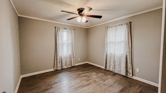 empty room with hardwood / wood-style floors, ceiling fan, and ornamental molding