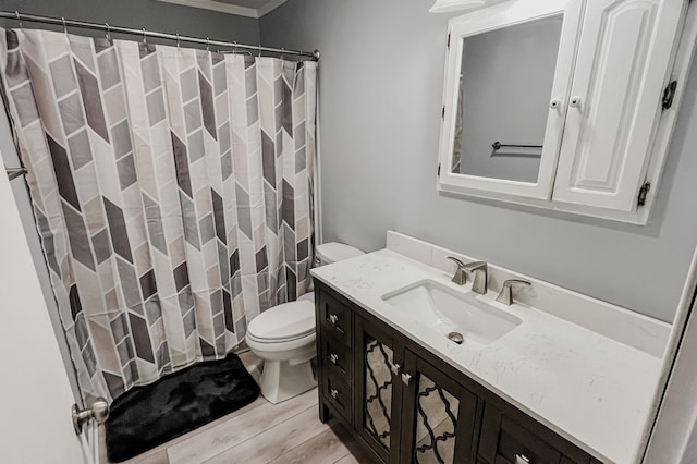 bathroom with ornamental molding, vanity, wood-type flooring, and toilet