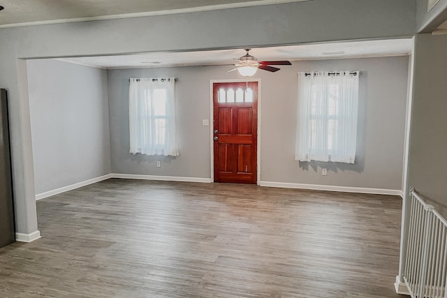 foyer entrance featuring ceiling fan, radiator heating unit, and hardwood / wood-style flooring