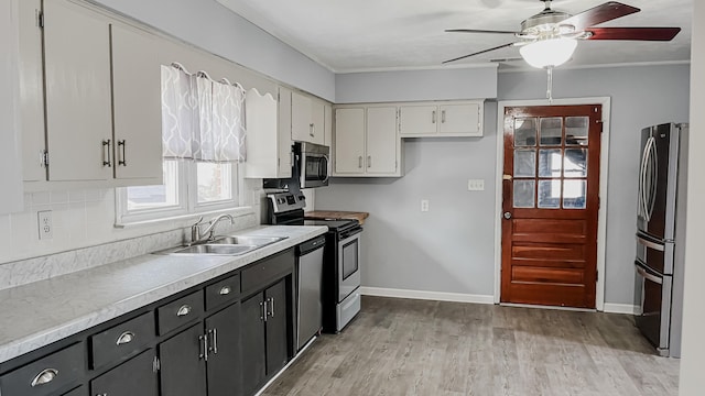 kitchen featuring white cabinets, sink, decorative backsplash, light wood-type flooring, and stainless steel appliances