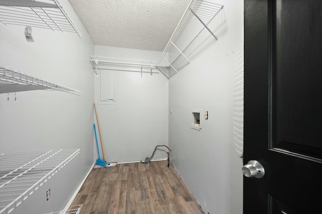 clothes washing area with hardwood / wood-style floors, washer hookup, and a textured ceiling