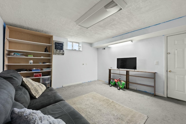 living room with a textured ceiling and light colored carpet