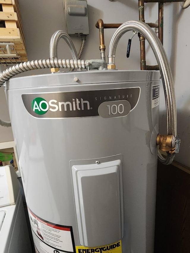 interior details with electric water heater and washer / clothes dryer