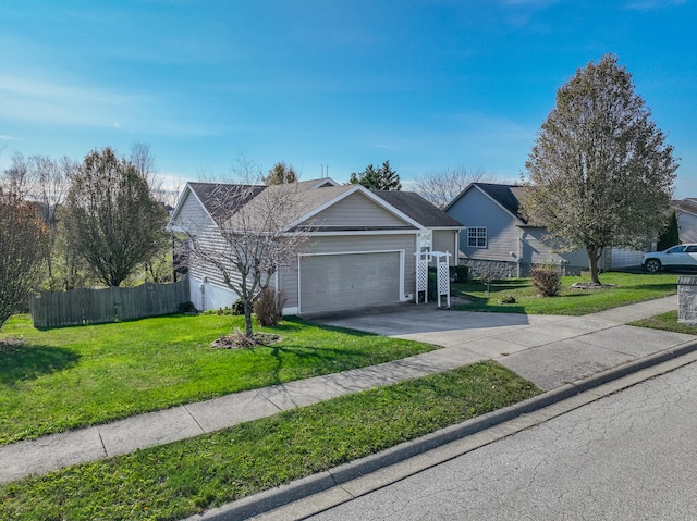 ranch-style home with a front yard and a garage