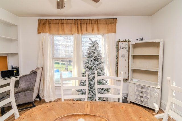 interior space with ceiling fan and hardwood / wood-style floors