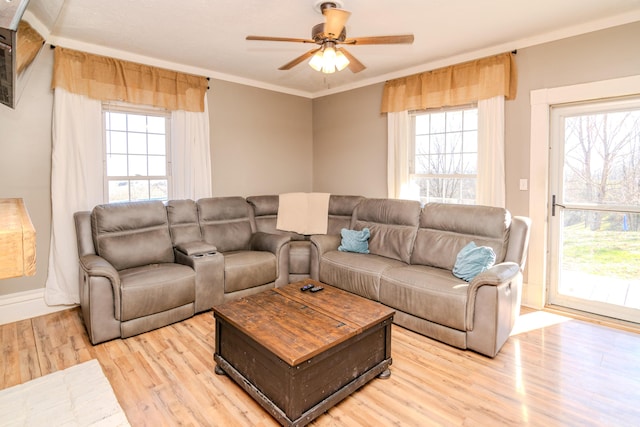 living room with ceiling fan, light hardwood / wood-style floors, and ornamental molding