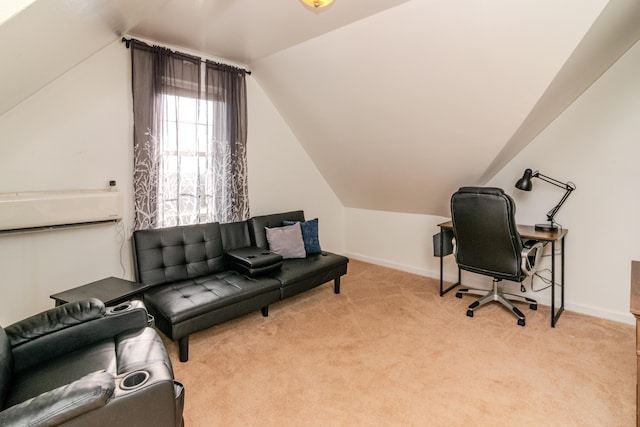 office area with light colored carpet and lofted ceiling