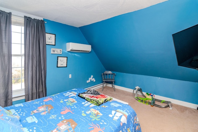 carpeted bedroom with an AC wall unit, multiple windows, and vaulted ceiling