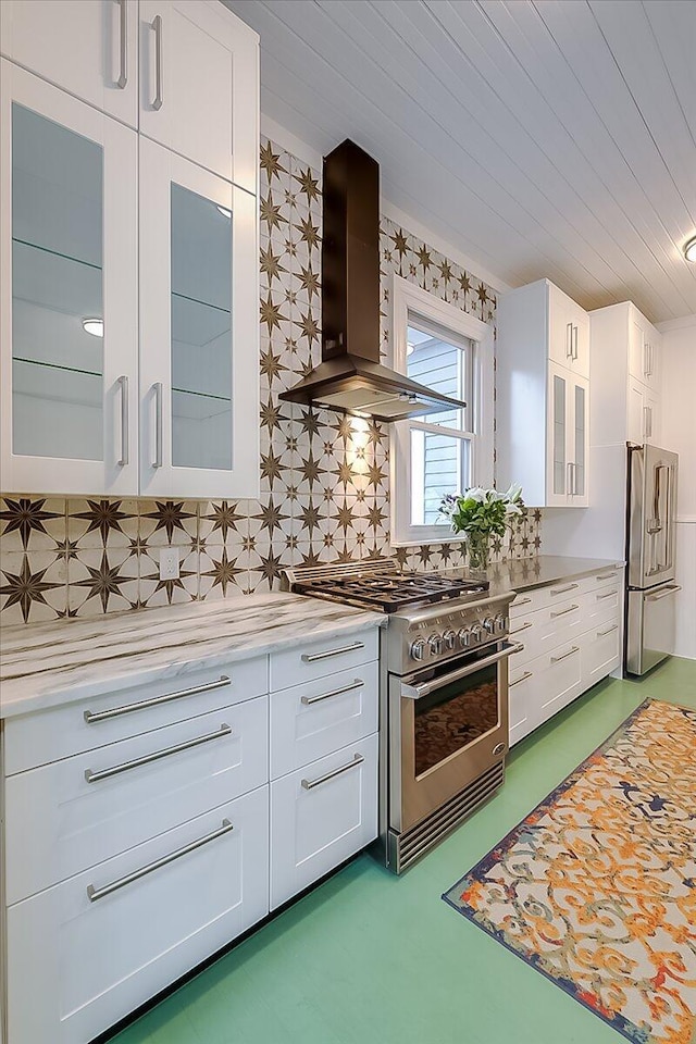 kitchen featuring premium appliances, white cabinetry, wall chimney exhaust hood, and backsplash