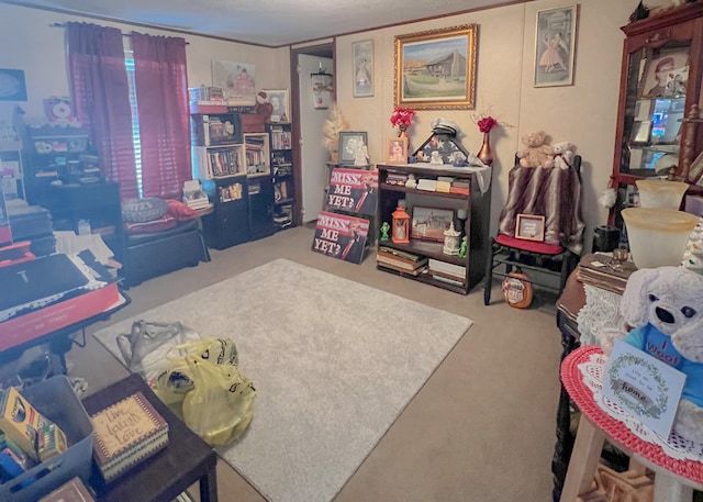 game room with light carpet