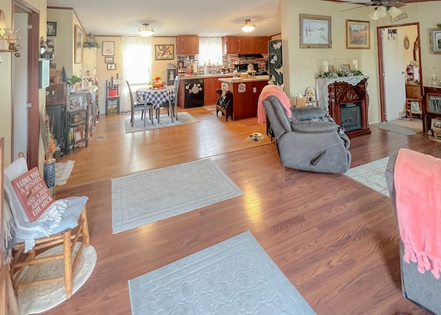 living room featuring ceiling fan and light hardwood / wood-style floors