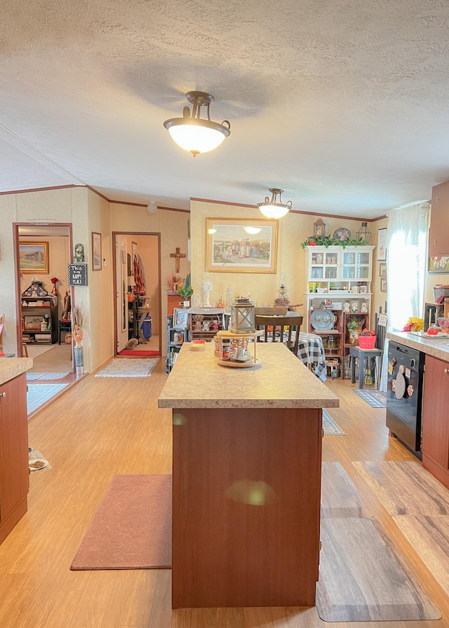 kitchen featuring dishwasher, light wood-type flooring, a textured ceiling, and lofted ceiling