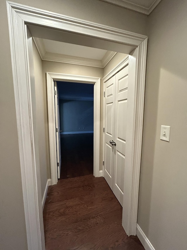 corridor with dark hardwood / wood-style floors and ornamental molding