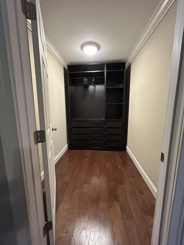 hall with crown molding and dark hardwood / wood-style floors