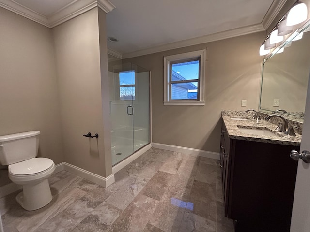 bathroom with a shower with shower door, toilet, vanity, and ornamental molding