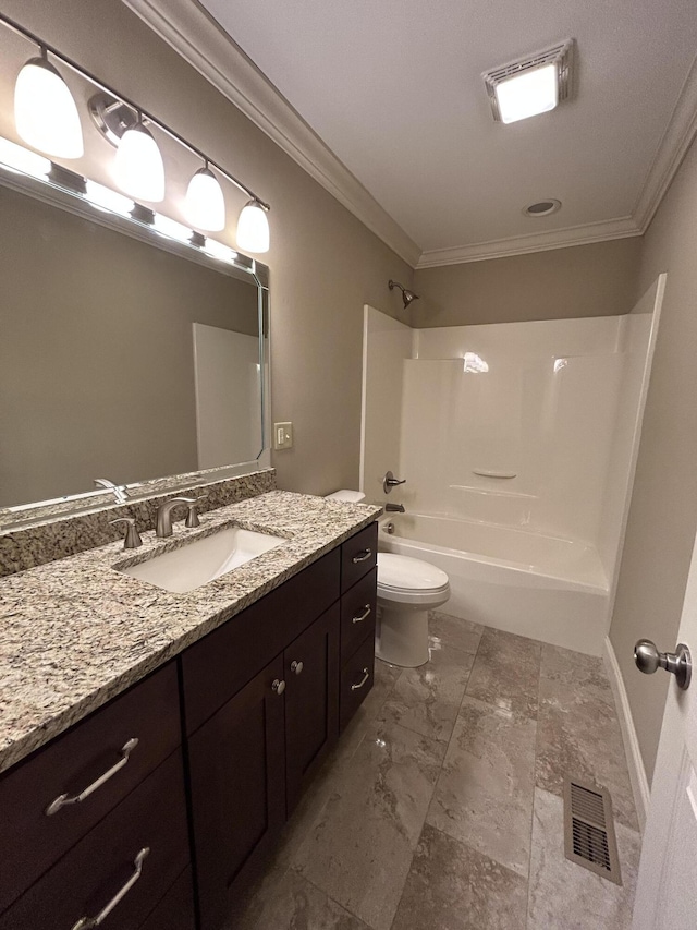 full bathroom featuring washtub / shower combination, vanity, ornamental molding, and toilet