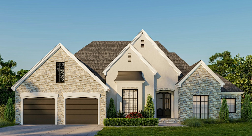 exterior space featuring a garage and a front yard