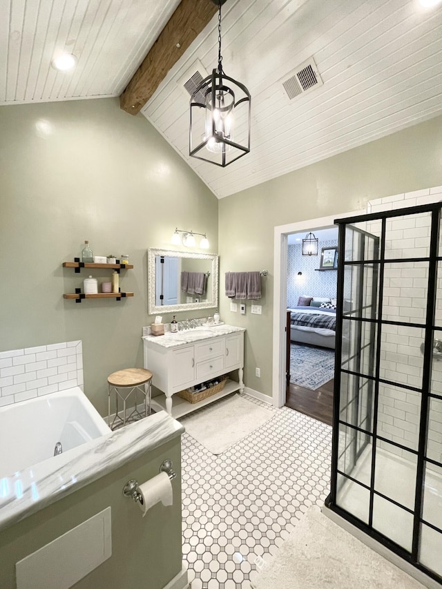 bathroom featuring vanity, wooden ceiling, an inviting chandelier, vaulted ceiling with beams, and a tub