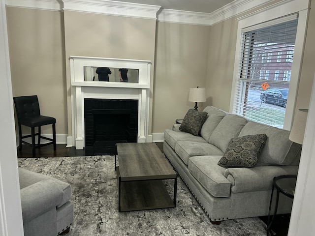 living room featuring hardwood / wood-style flooring and ornamental molding