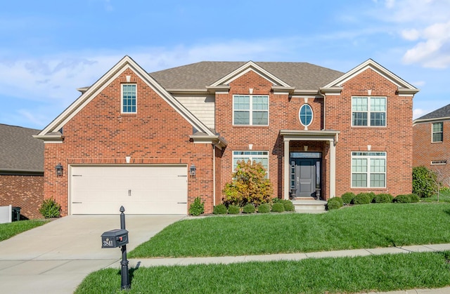 view of front of house featuring a front yard and a garage